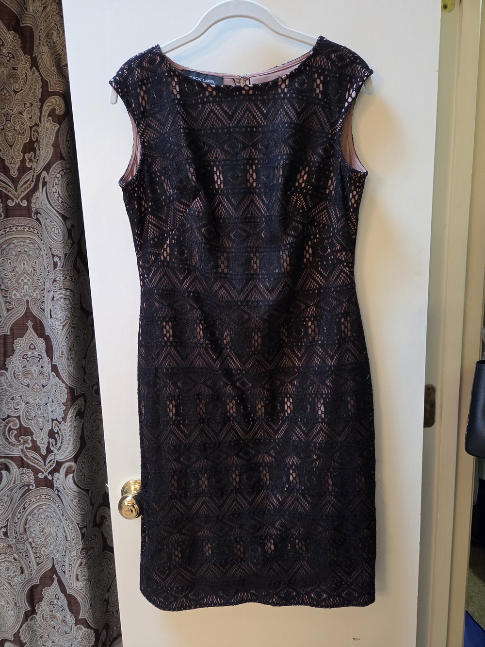 Elegant Size 8 Black Lace Midi Dress with Beige Lining